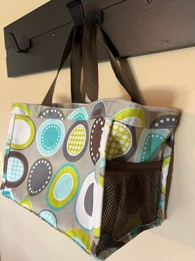 thirty-one Gray Tote with Aqua, Lime and Brown Dot Circles